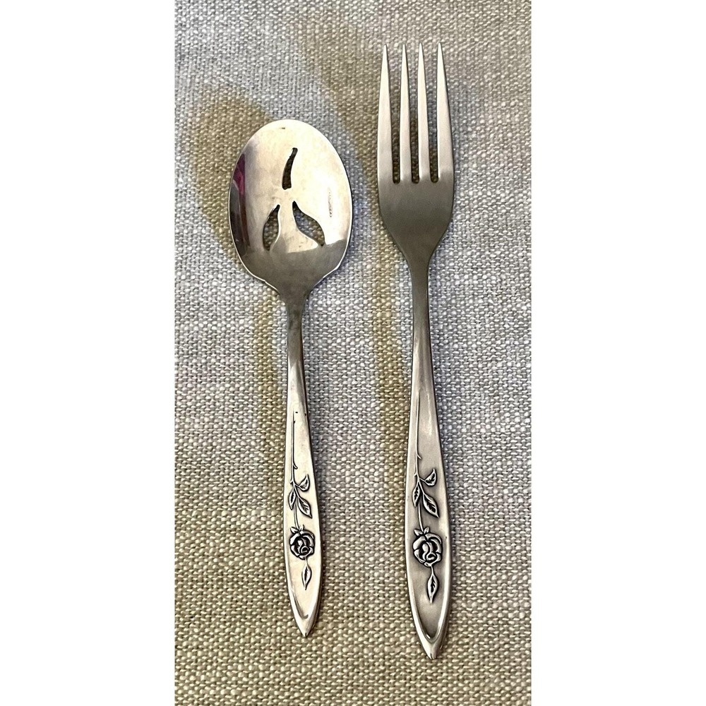 Oneida Community Stainless Morning Rose Pierced Tomato Server Cold Meat Fork Set